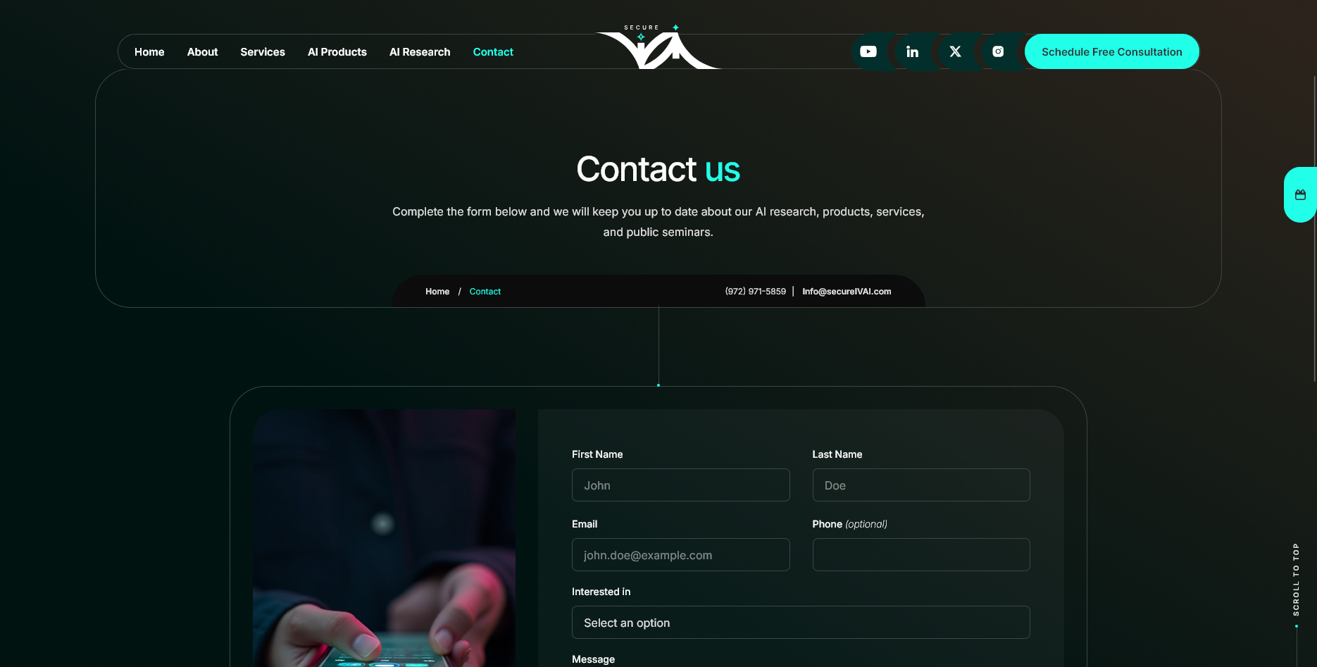 New SecureIVAI contact page, clean form, Cal.com booking