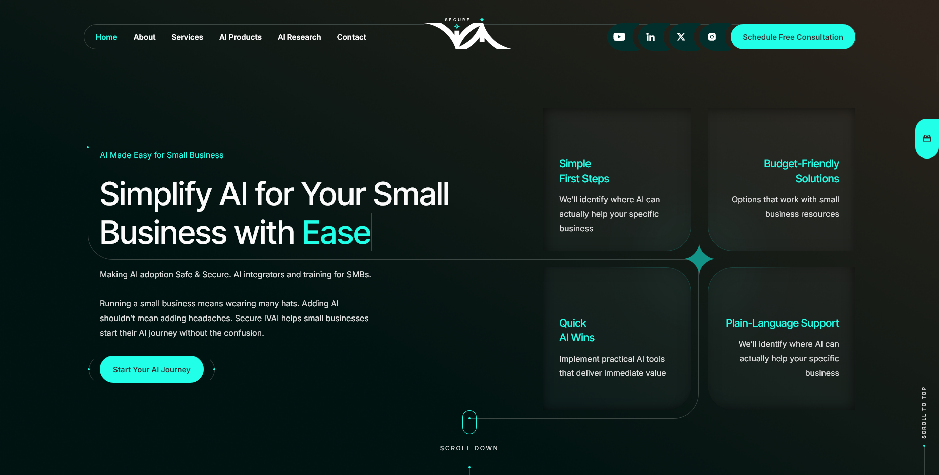 New SecureIVAI homepage, dark theme, teal CTA, feature grid