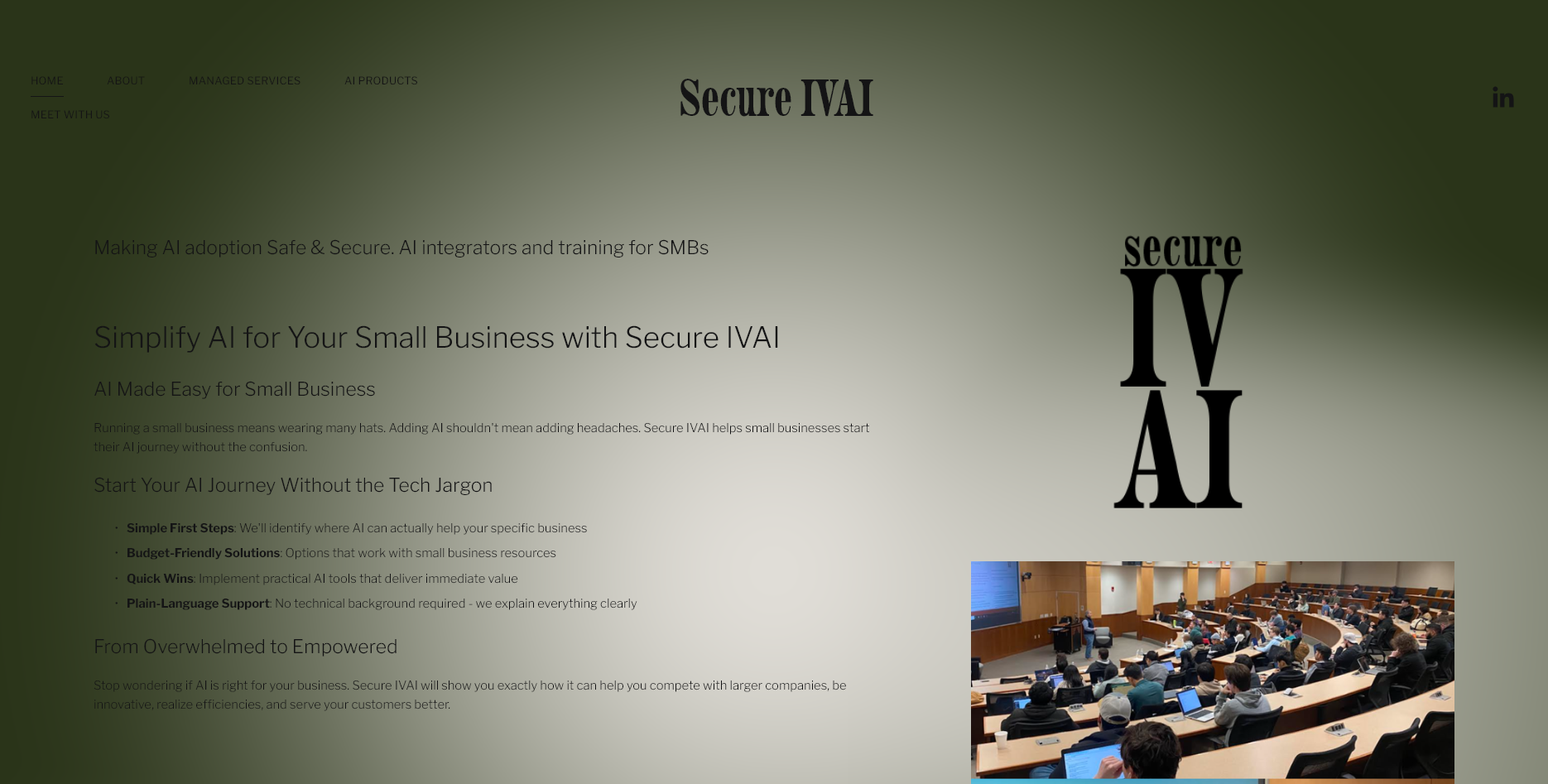 Old SecureIVAI homepage, olive gradient, heavy serif typography