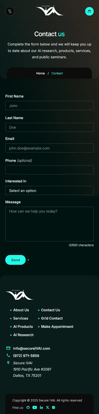 SecureIVAI contact page on mobile
